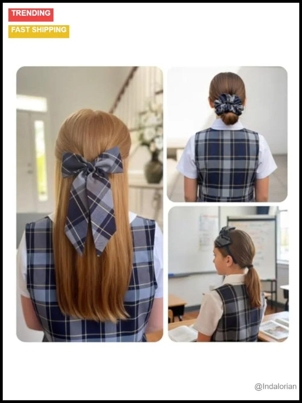 3pc Plaid Hair Bow Set with Headband and Scrunchie School Hair Accessories